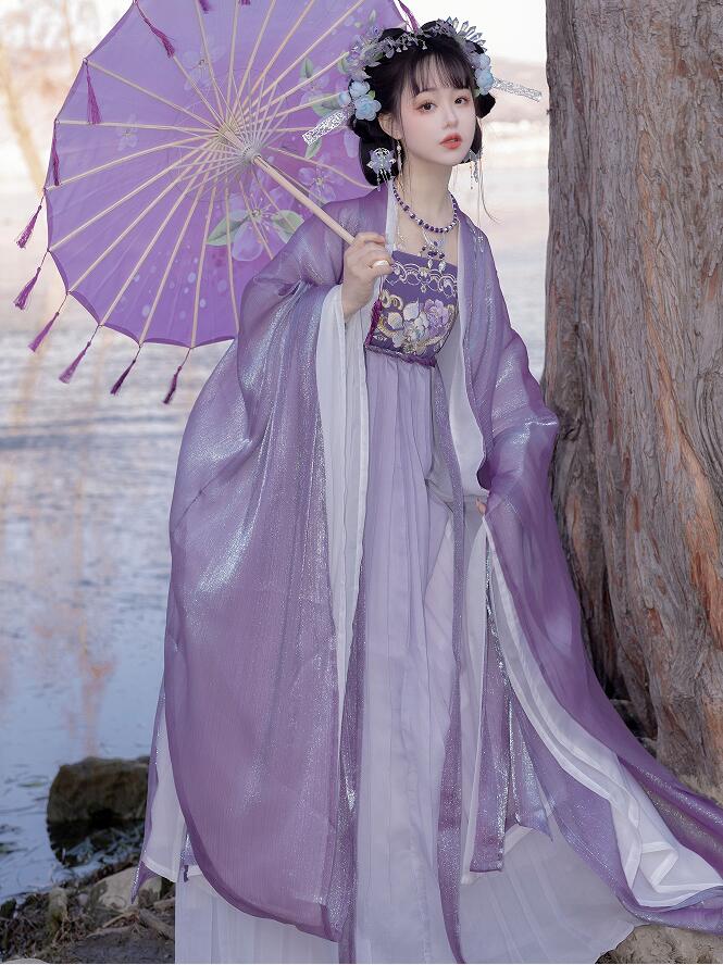 紫系中華風コスプレ漢服 チャイナ服中華ドレス刺しゅうプリント光沢二重羽織ワンピース2点セット華流舞台ステージ衣装 中国古代宮廷風コスチューム衣装 イベント学園際文化際中華コスプレ写真撮影古典美人服チャ