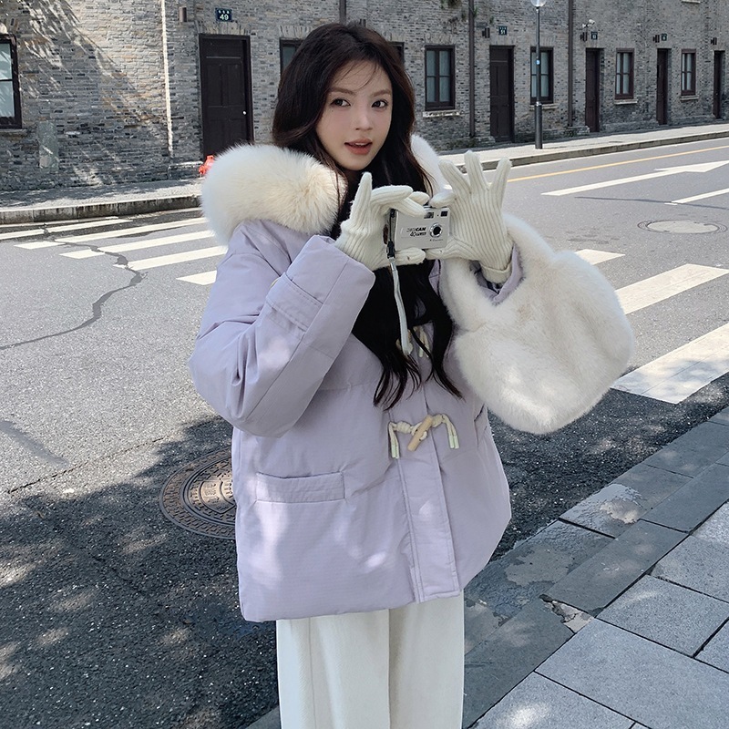 パープルホーンボタンダウンジャケット女性のの新韓国スタイルルーズビッグファー襟肥厚パンジャケット