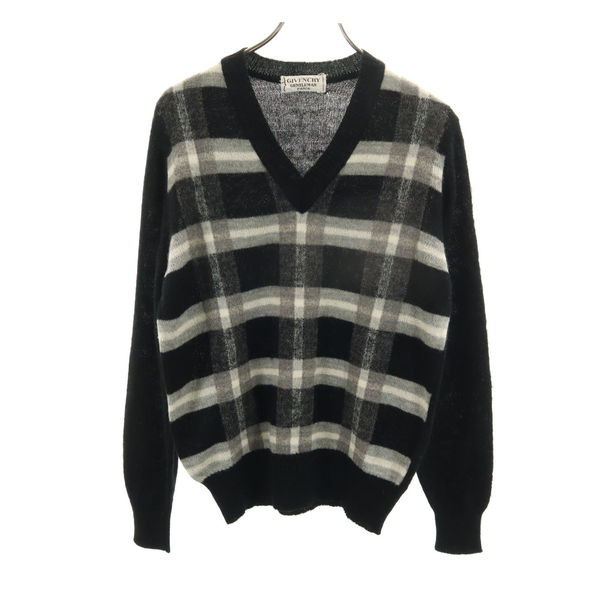 GIVENCHY GENTLEMAN ジバンシィ ジェントルマン 80s 90s オールド チェック柄 長袖 Vネック セーター 4 ブラック ニット メンズ 古着