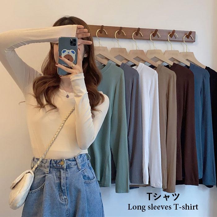 Tシャツ レディース インナーTシャツ 長袖 ラウンドネック 無地 薄手 無地Tシャツ タイトTシャツ タイトT ストレッチ 伸縮性 バレンタイン プレゼント