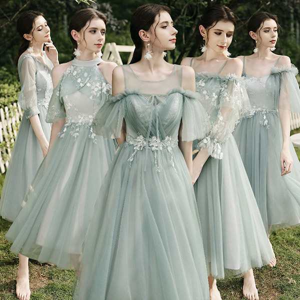 ブライズメイドドレス レディース ミモレ丈 二次会 5タイプ 半締め上げ 半ファスナー 肩出し 結婚式 大きいサイズ 2XL 3XL 体型カバー 袖付き オフシ 4,586円