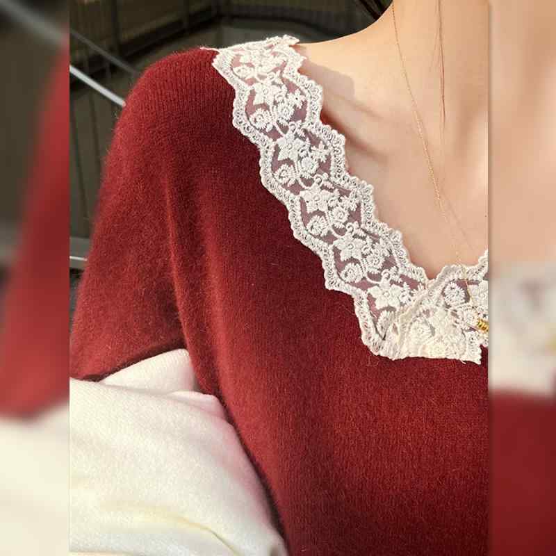 レース ステッチ v ネック 長袖 ニット セーター 秋冬 フレンチ シャツ
