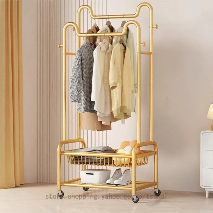 【自社生産】ハンガーラック バスケット付き シングルハンガー 衣類収納 洋服ラック 組立簡単 キャスター付きワゴン 省スペース 頑丈 スリム ワードローブ 多機能収納