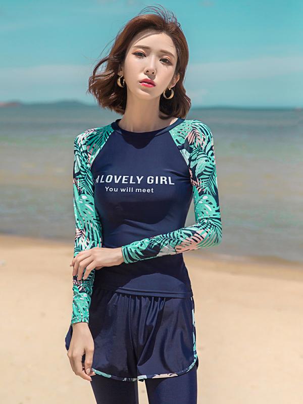 レディース 水着 長袖トップス+ショートパンツ+ロングパンツ３点セット 長袖トップス＋ショートパンツ２点セット ポディスーツ 花柄プリント ダイビング マリンスポーツ ビーチ ポリエステルナイロン 日