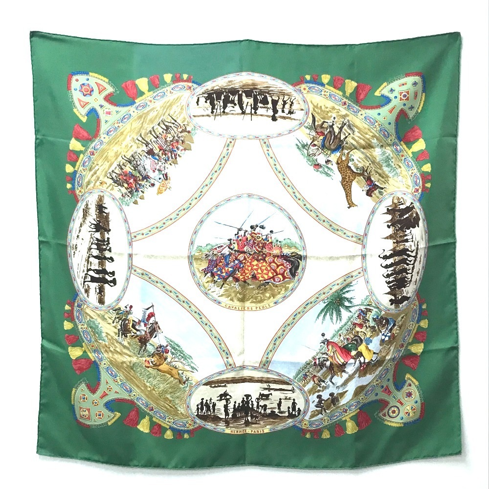 スカーフ カレ90 カレ 90 CAVALIERS PEULS プール族の騎手 シルク グリーン