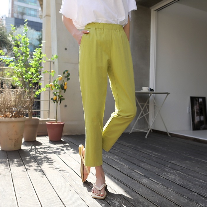 [韓国ファッション] ウエストゴム ハイウエスト クロップド丈 ストレッチテーパードパンツ