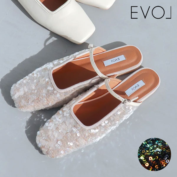 【SALE20%OFF】【即納】 イーボル EVOL ソフトスクエアフラットミュール 靴 シューズ サンダル フラットシューズ スパンコール iw5381 ギフト