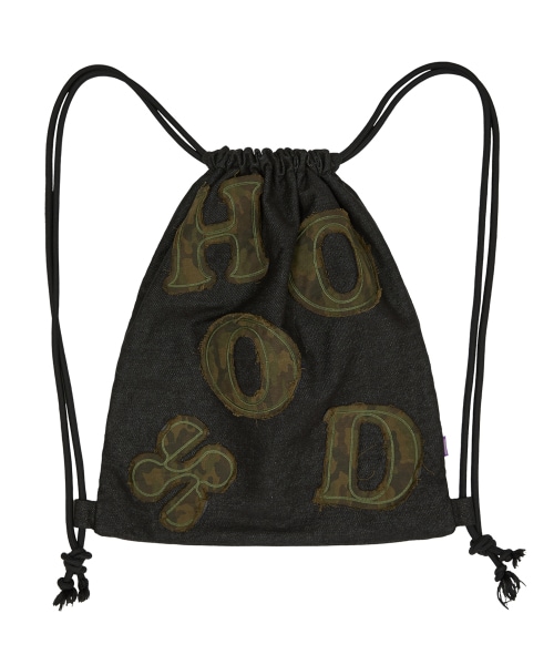 HOOD アプリケ ストリングバッグ ブラック