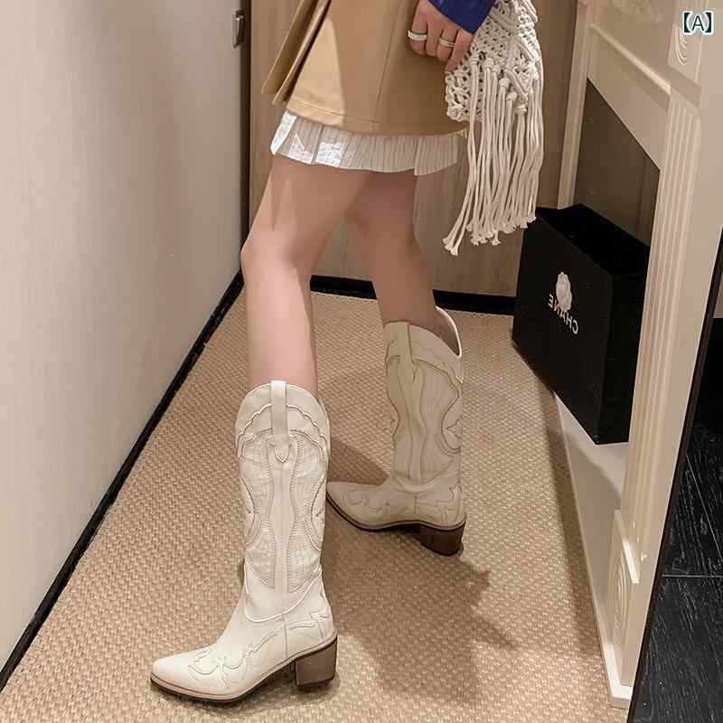 ロングブーツ レディース タイトフィット シンプル おしゃれ スタイルアップ アメリカ V 口 刺繍 ウエスタン カウボーイ ブーツ 女性用 秋冬 レトロ 太い ヒール ポインテッドトゥ トール ナイ