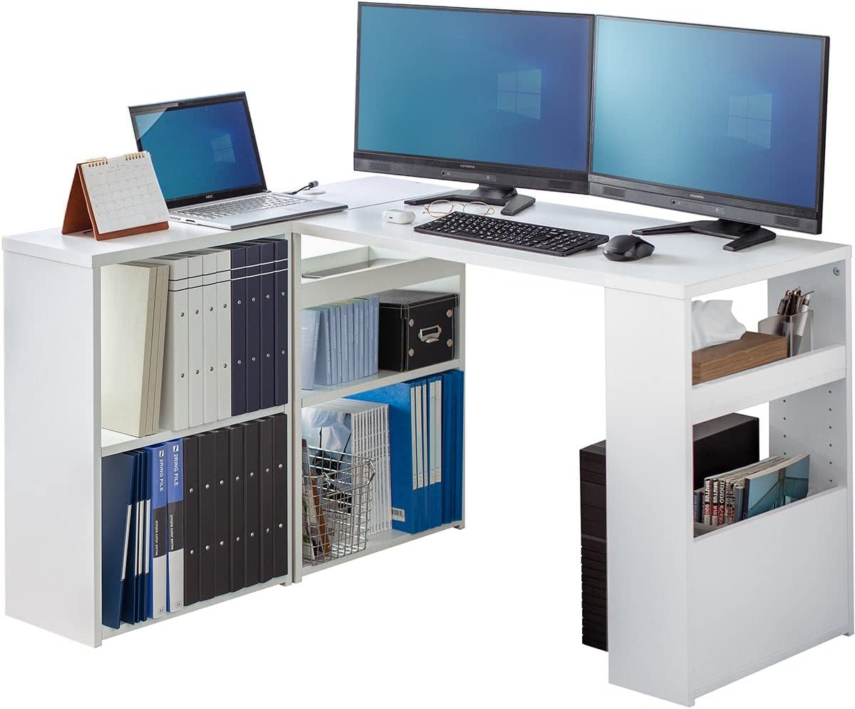 サンワダイレクト L字デスク パソコンデスク 棚付き モニターアーム対応 幅115×奥行50cm 木製 ホワイト 100-DESKH065W