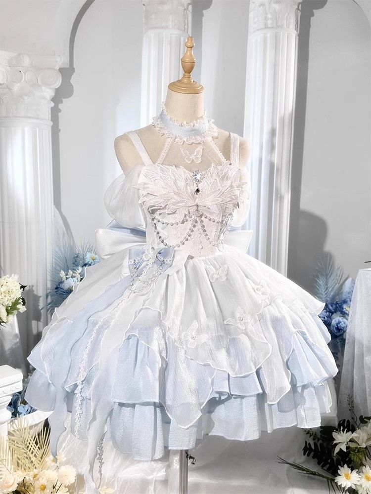 小さなドレスlolitaスカートブルーホワイト白鸟で逃げるプリンセス风蝶ロリータ诞生日大人蓬蓬cosスカート