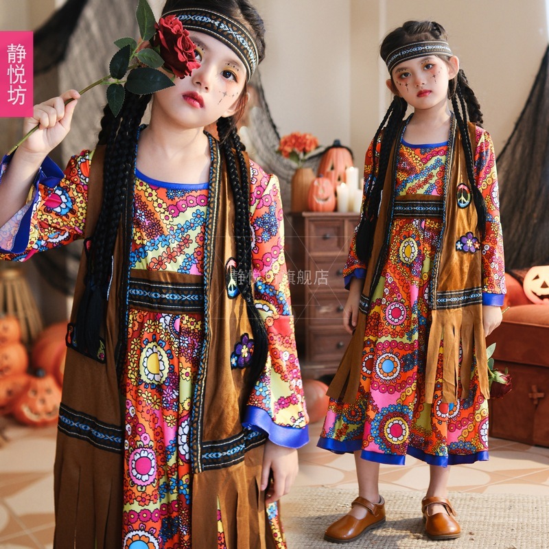 ハロウィンの子供用コスチューム女の子のコスプレ女の子のレトロ香港風ヒッピーパフォーマンスコスチュームドレス