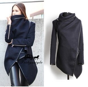 アウター コート ミディアム丈 アシメ l イミテーションウール レディース スタンドカラー 襟付き 前開き 無地 シンプル 長袖 袖あり ジッパー ファスナー ゆったり ルーズ ゆる