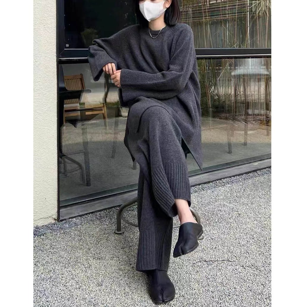 秋冬 ゆったり ファッション カジュアル ニットウェア セット レディース 韓国風 ルーズフィット セーター + ワイドレッグ パンツ ツーピース セット