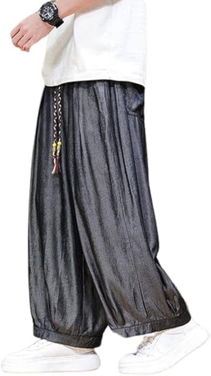 ＷＡＧＯＣＯＲＯ 和心ストアー ワイドパンツ メンズ サルエルパンツ 夏 薄手 綿麻 涼しい ゆったり 無地 カジュアル 紐付き 大きいサイズ ルームウェア(ブラック, XL) 6,210円