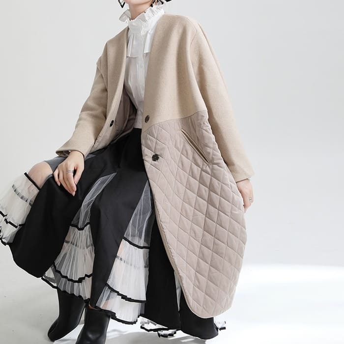 【高品質の製品】早い者勝ち！ 【高品質の製品】コート キルティング 切替え Vネック ノーカラー 全2色 アウター レディースb13376