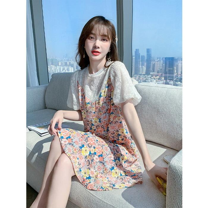 レースワンピース レディース 膝丈ワンピース 春夏 半袖ワンピース パフスリーブ きれいめ 花柄シフォン切り替え 上品 オシャレ結婚式 お出かけ ゆったり