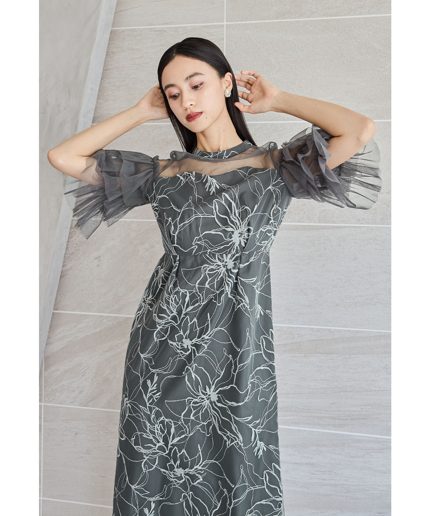 フラワーラメ刺繍レースドレス パーティードレス ワンピース 結婚式 花柄 切り替え Iライン チュール ティアード フリル ボリューム袖 ロング丈 お呼ばれ パーティー 二次会 披露宴 謝恩会 13,731円