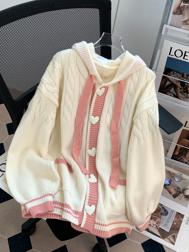 秋冬の小柄な女性向けの大きいサイズの太さ 200ポンドのフード付きセータージャケットゆったりとした老化防止ニットカーディガン