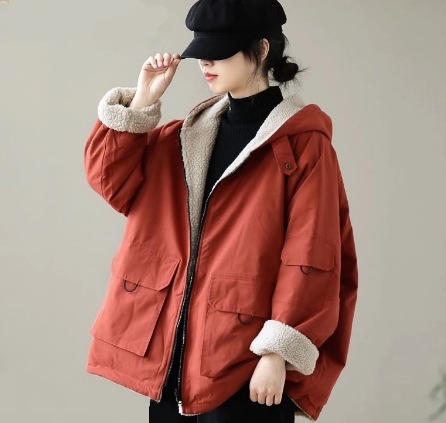 リバーシブルジャケット コットンコート アウター 袖あり 長袖 ジッパー ジップ もこもこ モコモコ ふわふわ フード付き ファスナー 前開き リバーシブル 綿 ウール コットン 大人可愛い