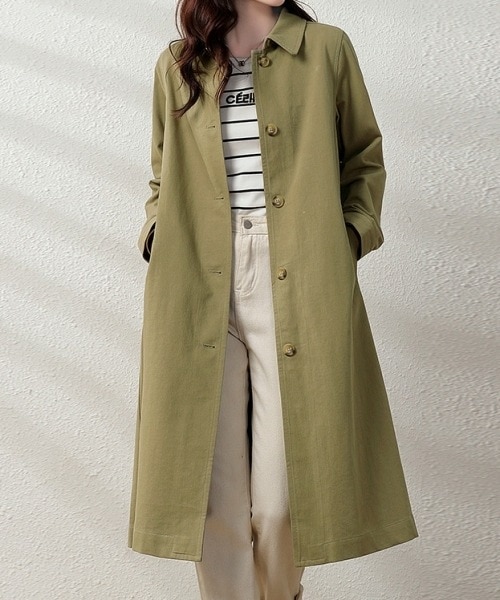 レディース コート アウター 前開き ミディアム ステンカラーコート ミドル丈 長袖 襟付き 角襟 セミフレア ストレート ポケット 前開き ボタン 綿 コットン シンプル カジュアル クール 無地