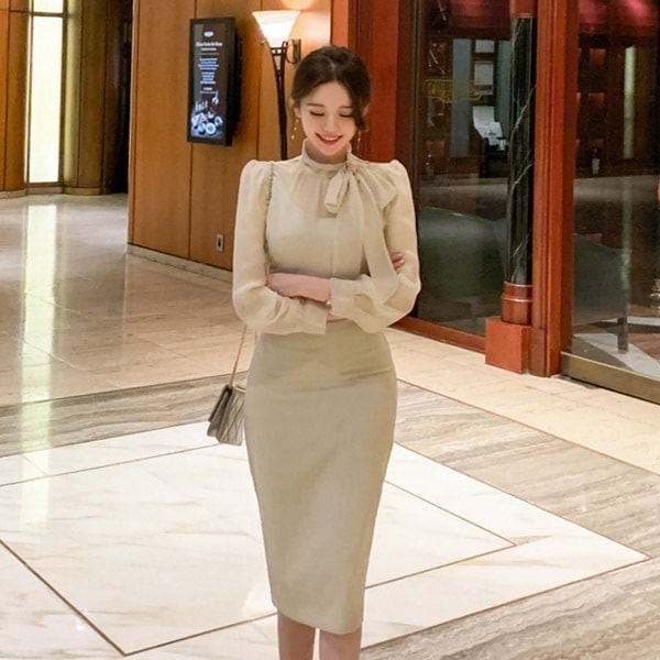 op13079 ボウタイシアー袖ワンピース