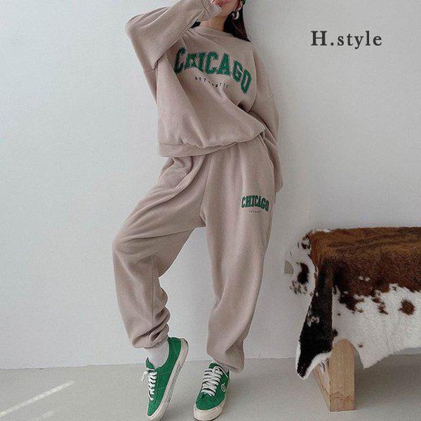 HスタイルLHシカゴフリースセット 冬 ルーズフィット 裏起毛 トレーニングセット スウェットパンツ セット
