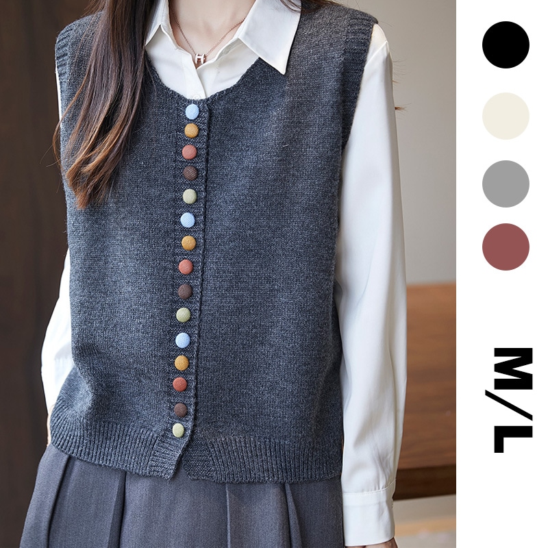 レディース 2024秋 フレンチレトロ カラーボタン クルーネック ニットベスト カーディガン 重ね着 トップス