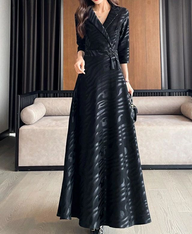 【当店人気商品】黒 ワンピース フォーマル 結婚式 大きいサイズ ドレス ロング丈 ロングドレス 柄 お呼ばれドレス 3L 5L 4L 七分袖 袖あり カシュクールワンピース パーティードレス Vネッ