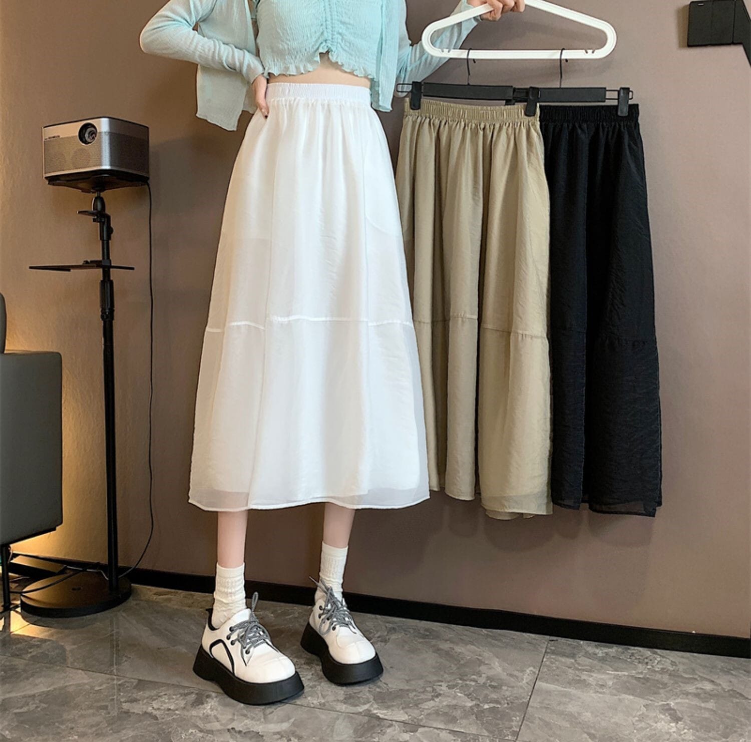 スカート フレアスカート ミモレ丈 ロング丈 フレア Aライン 切り替えデザイン ハイウエスト 透け感 シースルー ポリエステル かわいい 大人可愛い シンプル カジュアル おしゃれ お洒落 大人女子