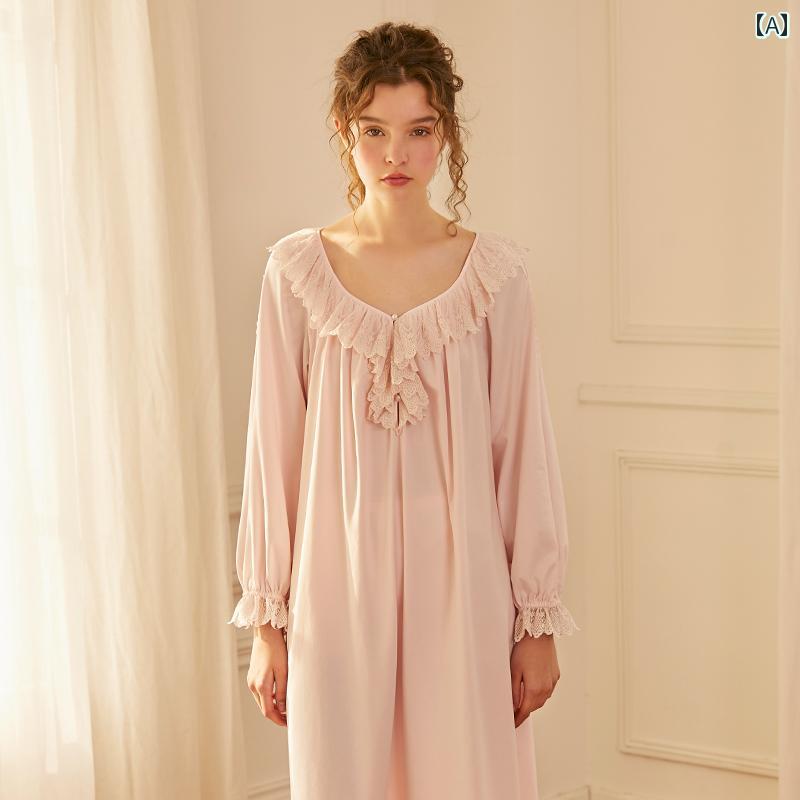 ネグリジェ パジャマ レディース 宮廷風 長袖 レース フリル ワンピース ドレス 上品 シンプル フレンチ ガーリー ルーム ナイト ホームウェア