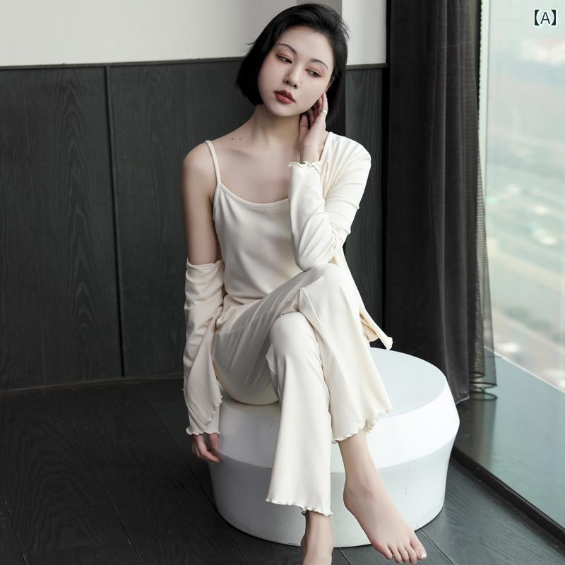 パジャマ ナイトウェア レディース 春秋用 3点セット 薄手 小柄な方向け スリムフィット ホームウェア シンプル