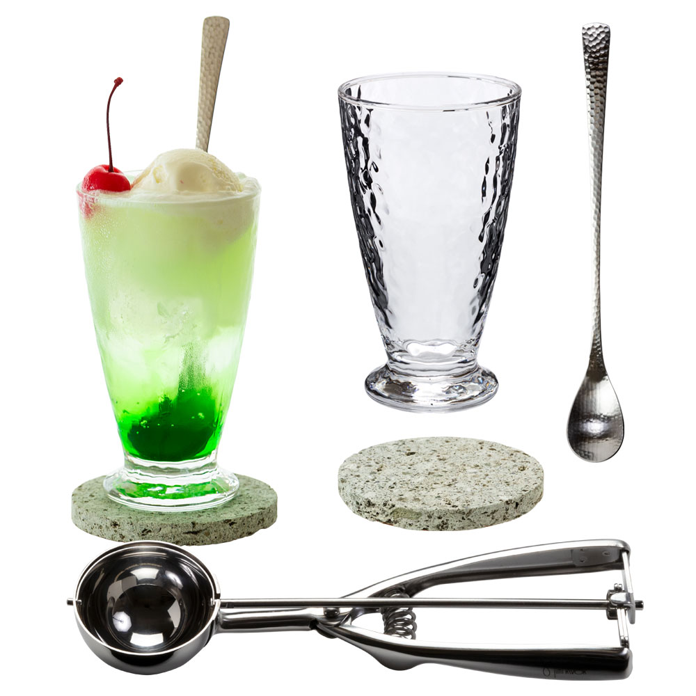 クリームソーダグラスセット　2客組とアイスディッシャーセット　昭和レトロ　和風　槌目グラス＋槌目スプーン＋大谷石コースター