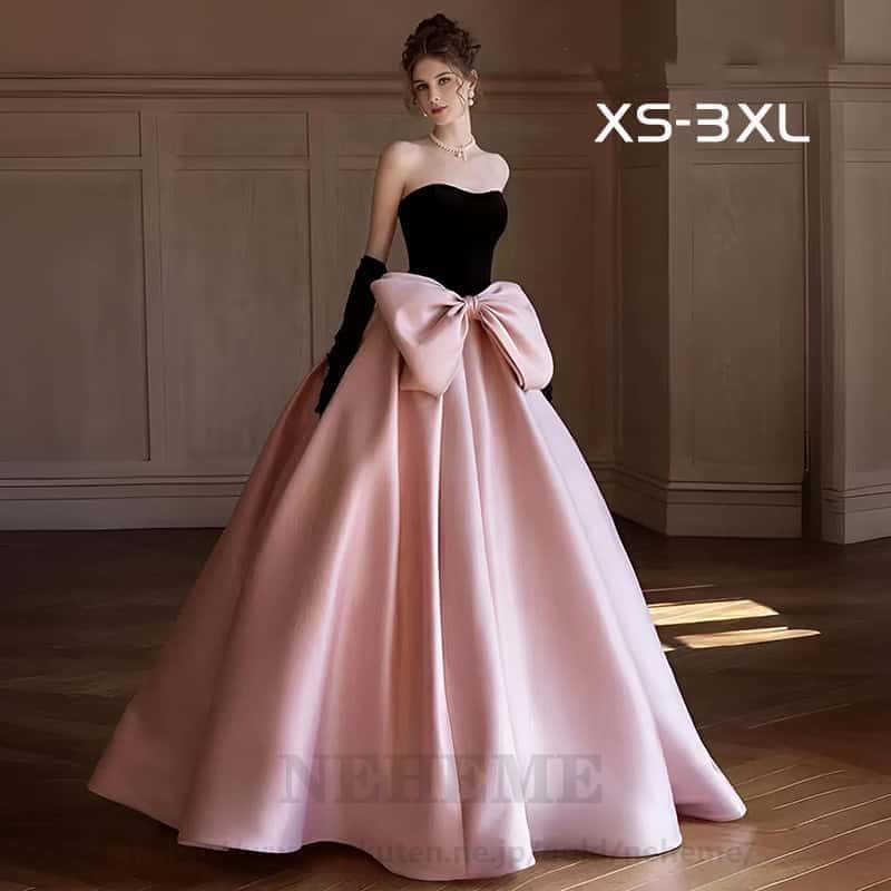 カラードレス ピンク ブラック イブニングドレス パーティードレス ウエディングドレス ロングドレス ピンクドレス ベアトップ リボン付き トレーンあり ファスナー ピアノ 発表会 演奏会 司会者 ド
