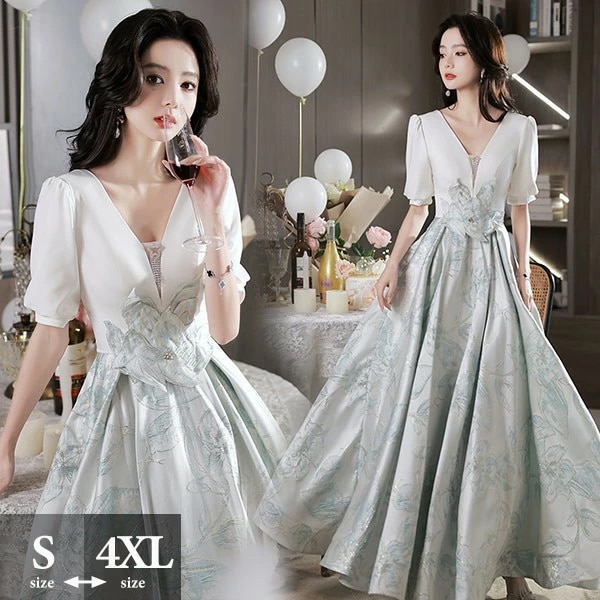 ロングドレス 演奏会 ピアノ 発表会 ツヤ感 花レース 刺繍 グレードレス Vネック 袖あり ポワン袖 フェミニン エレガント大きいサイズ 5L 大人 母親 結婚式 体型カバー 謝恩会 卒業式 花嫁