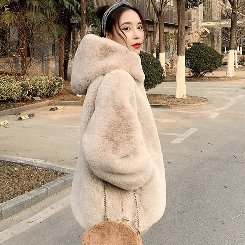 コート ジャケット レディース ラビット エコファー フード もこもこ ふわふわ ファスナー ポケット 暖かい お洒落 カジュアル ゆったり かわいい シンプル 黒 ベージュ S M L XL 2XL 6,856円