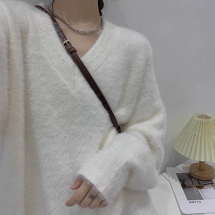 セーター Vネック ニット トップス レディース シャギーニット 長袖 大きいサイズ もこもこ 無地 オフィス カジュアル きれいめ 大人 可愛い 春 秋 冬 韓国