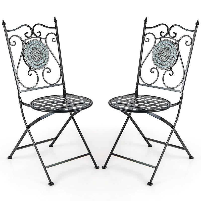 【国内即発】TANGKULA ガーデンチェア 2脚セット 防水 モザイク柄 折りたたみ パティオチェア タイルチェア アンティーク調 庭 テラス アウトドア 屋外 屋内 アイアン製 おしゃれ 浅緑色