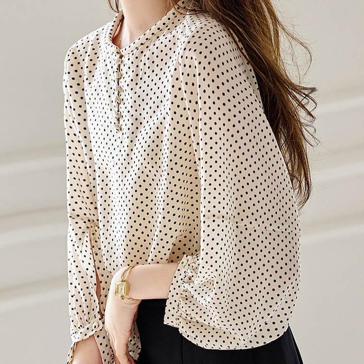 夏新作ブラウス レディース 春 夏 長袖 トップス ドット柄 シャツブラウス ぽわん袖 ボリュームスリーブ オフィス シフォンブラウス きれいめ おしゃれ