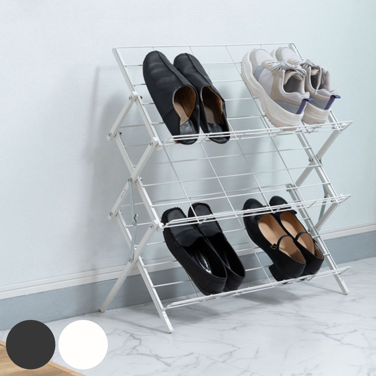 シューズラック フォールディングシューズラック スチール 玄関 靴 収納 下駄箱 折りたたみ ラック 見せる収納 スリッパラック コンパクト コレクションラック たためる ブラック ホワイト