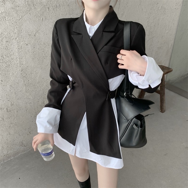 ツーピース トップス アウター 上着 スーツ 白シャツ ロング丈 袖あり 長袖 ボリューム袖 襟付き POLO襟 Aライン アシンメトリー ウエストマーク ハイウエスト 2点セット かわいい