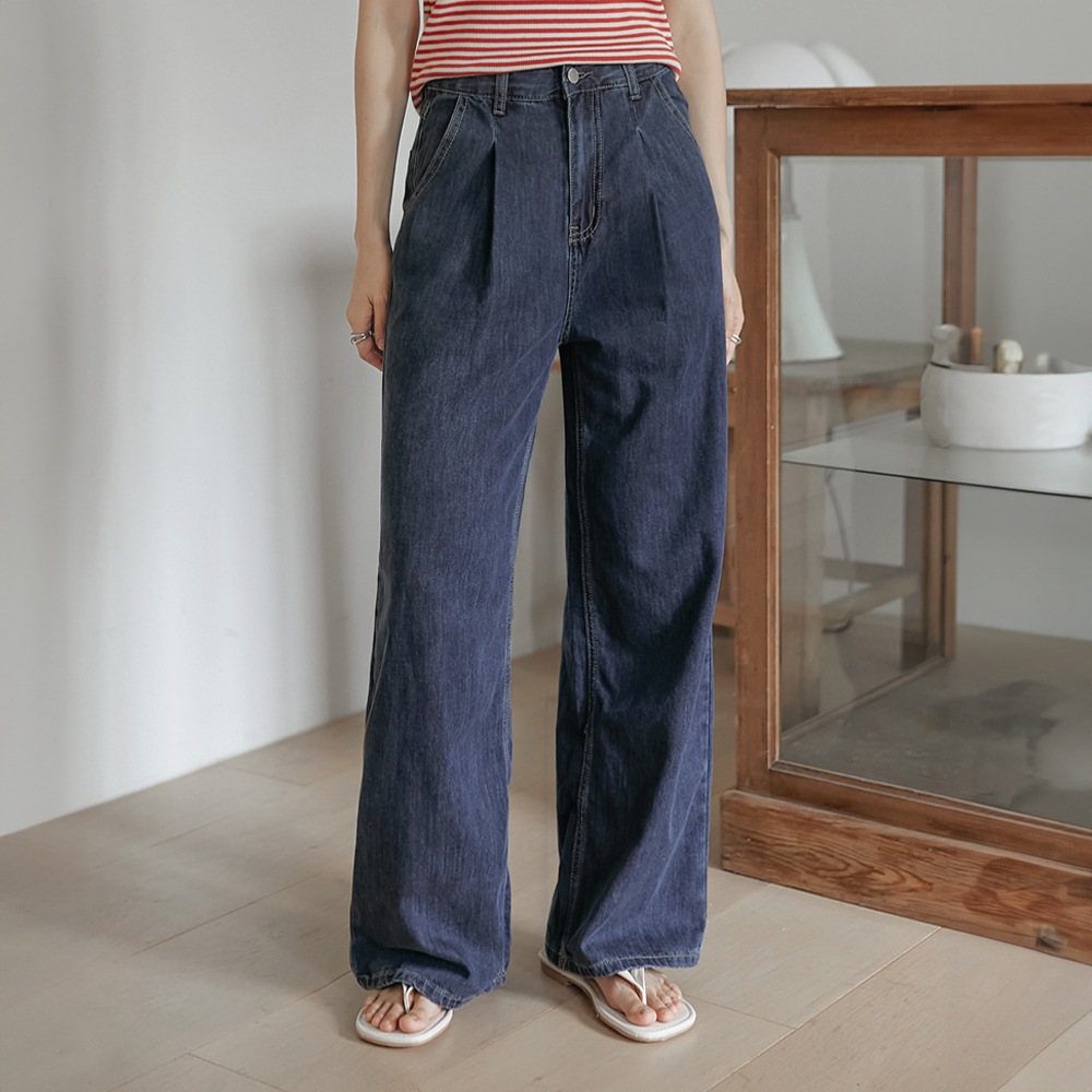 S-2XL機装オプションリットクールピンタックワイドデニムパンツ