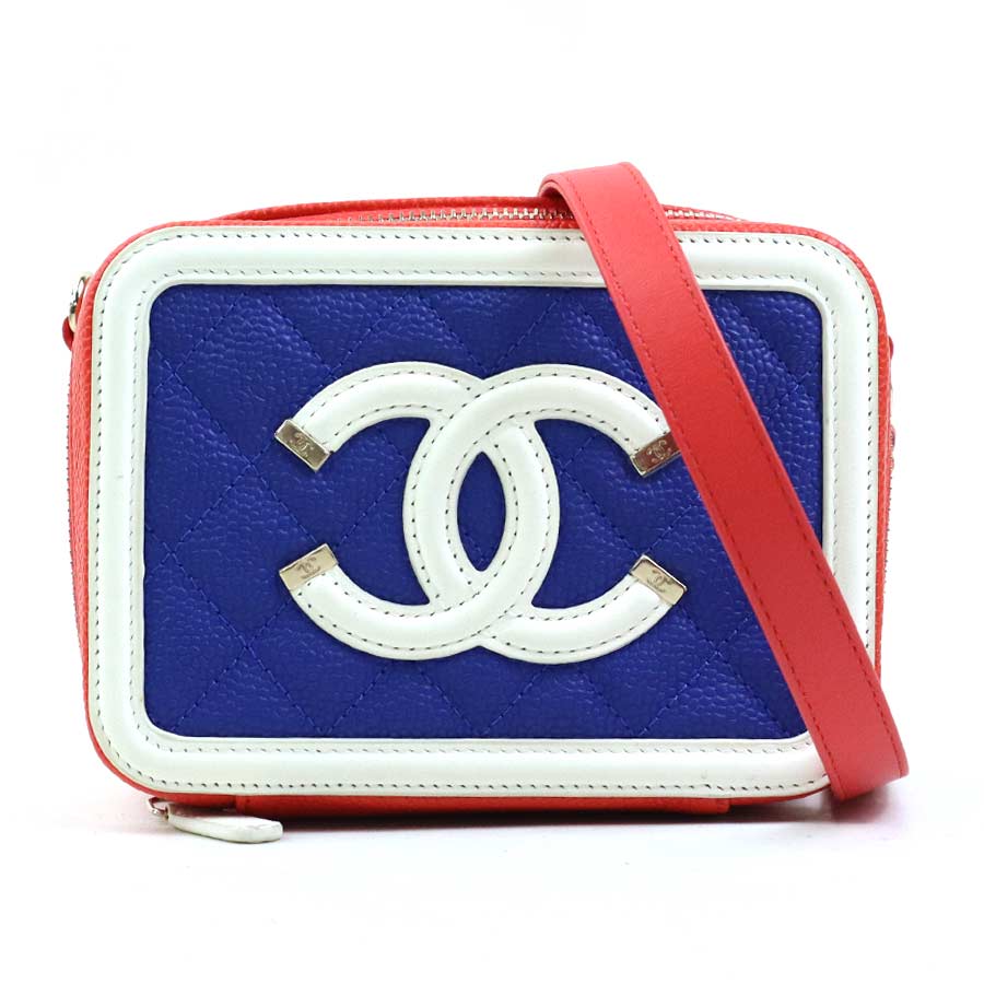 シャネル CHANEL 斜め掛けショルダーバッグ CCフィグリー ミニ キャビアスキンレザー オレンジ/ブルー/ピンク/ホワイト ゴールド レディース e61212a