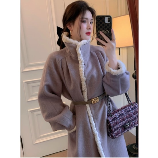 【取寄：納期2週間】ロングコート レディース アウター コート 長袖 スタンドカラー 羽織 ウエストベルト 防寒 暖か きれいめ おしゃれ お出掛け ガウンコート シンプル 通勤 秋冬 ウールコート 6,544円