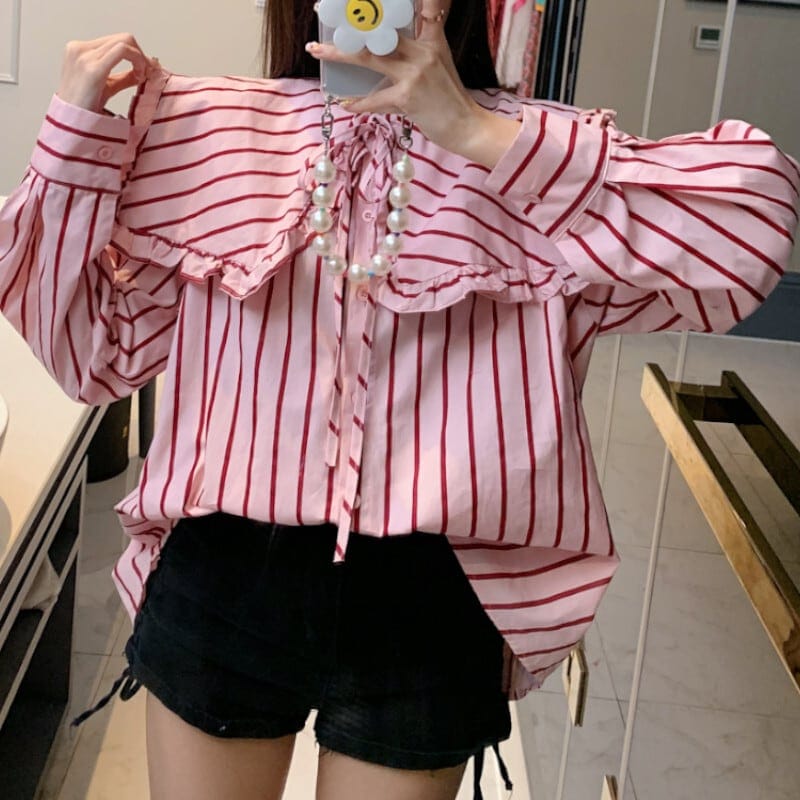 トップス シャツ 袖あり 長袖 襟付き ビッグカラー かわいい 大人可愛い きれいめ シンプル カジュアル 大人 おしゃれ レトロ こなれ感 ラフ キュート ストライプ 0 春 秋 10代 20代 3