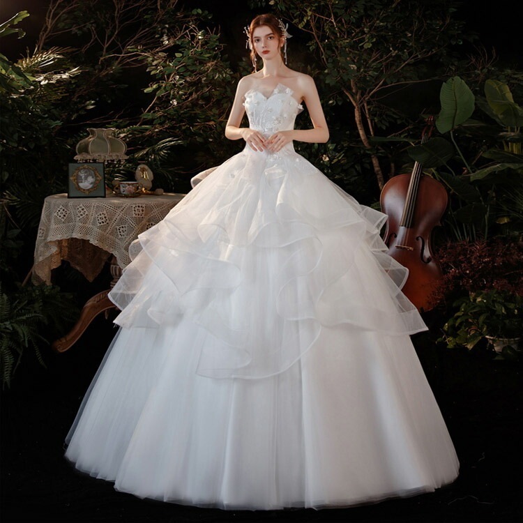 激安 ウェディングドレス ノースリーブ ビスチェドレス 白 花嫁ドレス 花柄 オシャレ 結婚式ドレス 二次会ドレス ロングドレス ホワイト フレア フリル プリンセス ブライダルドレス Vネック ウェ