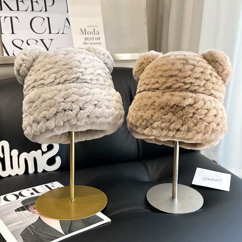 韓国ラッコウサギ毛皮草帽子厚手防寒保温くまかわいい耳保護帽モケットニット帽頭包帽