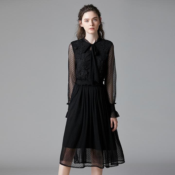 ワンピース コットン ひざ丈 ポロカラー 長袖 アンブレラスリーブ 無地 Ｘライン フレア エレガント 秋 ベーシック 大きいサイズ LOP-0326