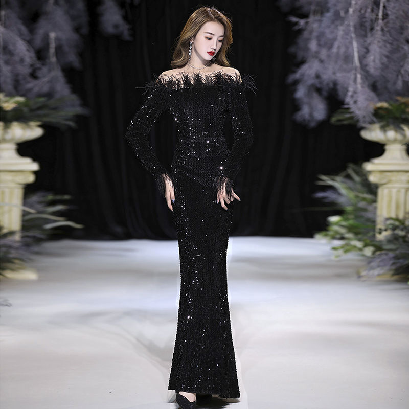 女性用イブニングドレスバンケット気質テールスパンコール羽エレガントなホスト長袖ロングダイヤモンドジュエリー