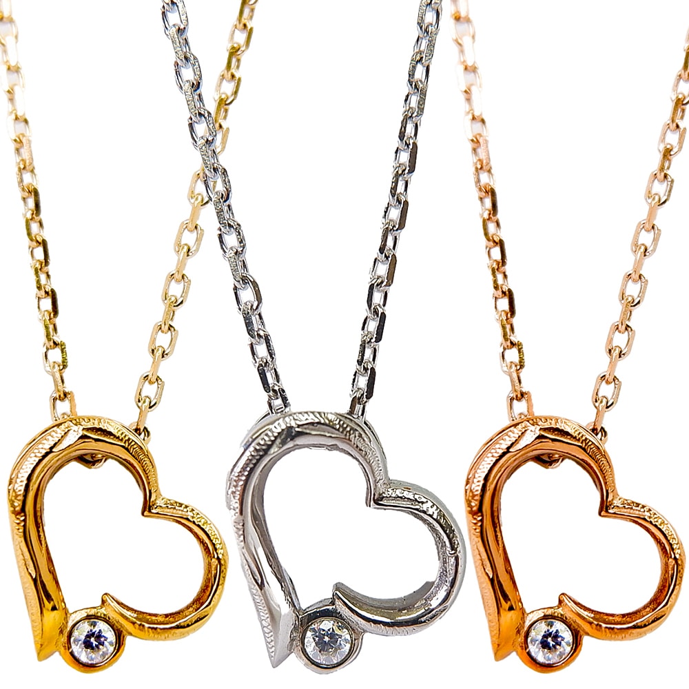 ハワイアンジュエリー ネックレス レディース メンズ サージカルステンレス スクロール オープンハート チェーン付き ジルコニア 1粒 金属アレルギー対応